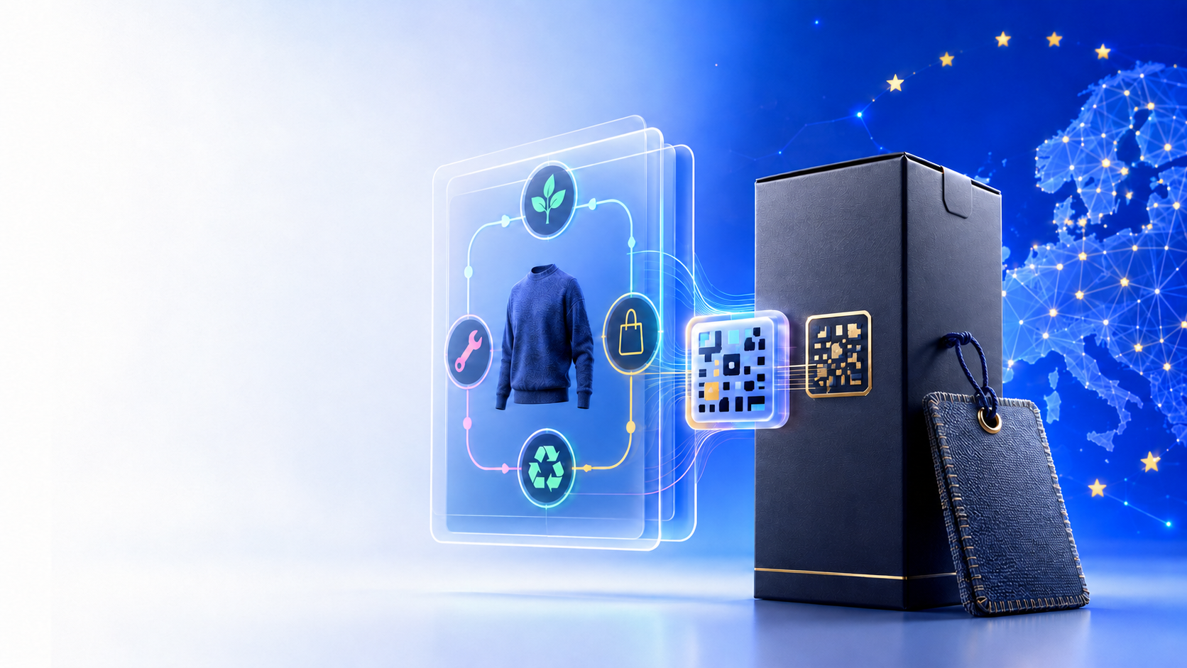 ผลิตภัณฑ์และป้ายสิ่งทอเชื่อมกับ Digital Product Passport ผ่านรหัสข้อมูลและเครือข่ายการตรวจสอบย้อนกลับตามวงจรชีวิตสินค้า
